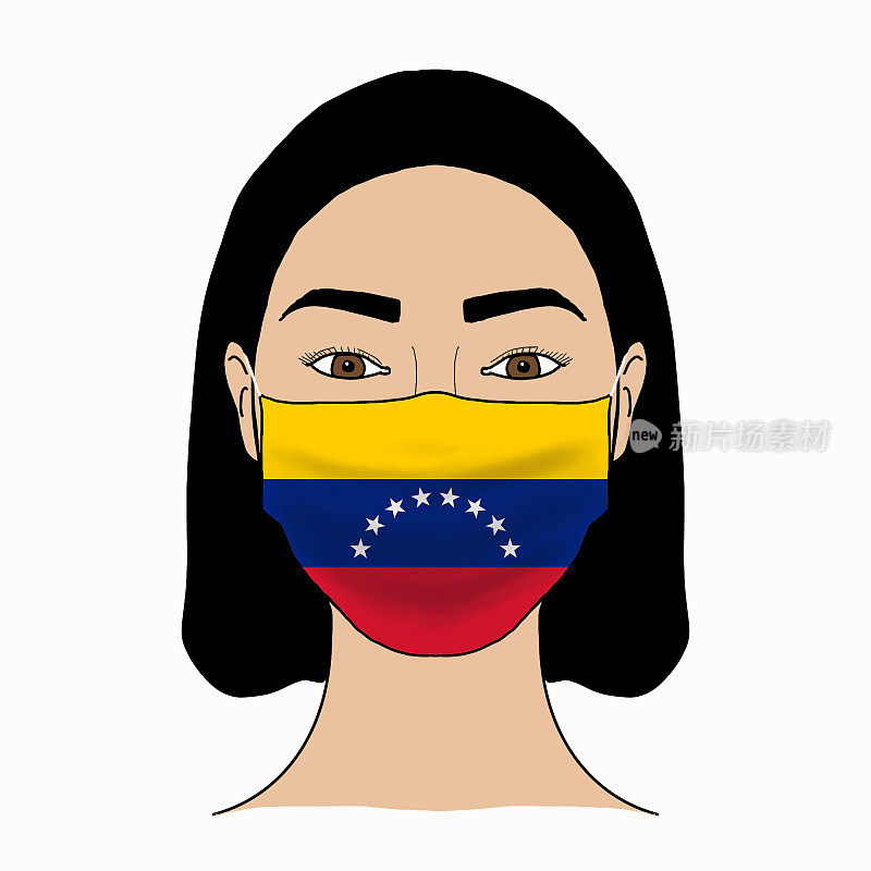 Coronavirus mask crisis. Venezuela health system. Flag of Venezuela coronavirus outbreak patterned mask wearing woman.